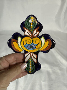 Mexican Talavera Wall Cross 6" Tall & 5” Length Dark Dark Blue Trim —small Chip